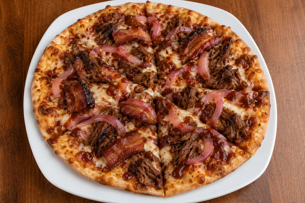 Braised beef BBQ pizza with bacon, pickled red onion, and BBQ sauce