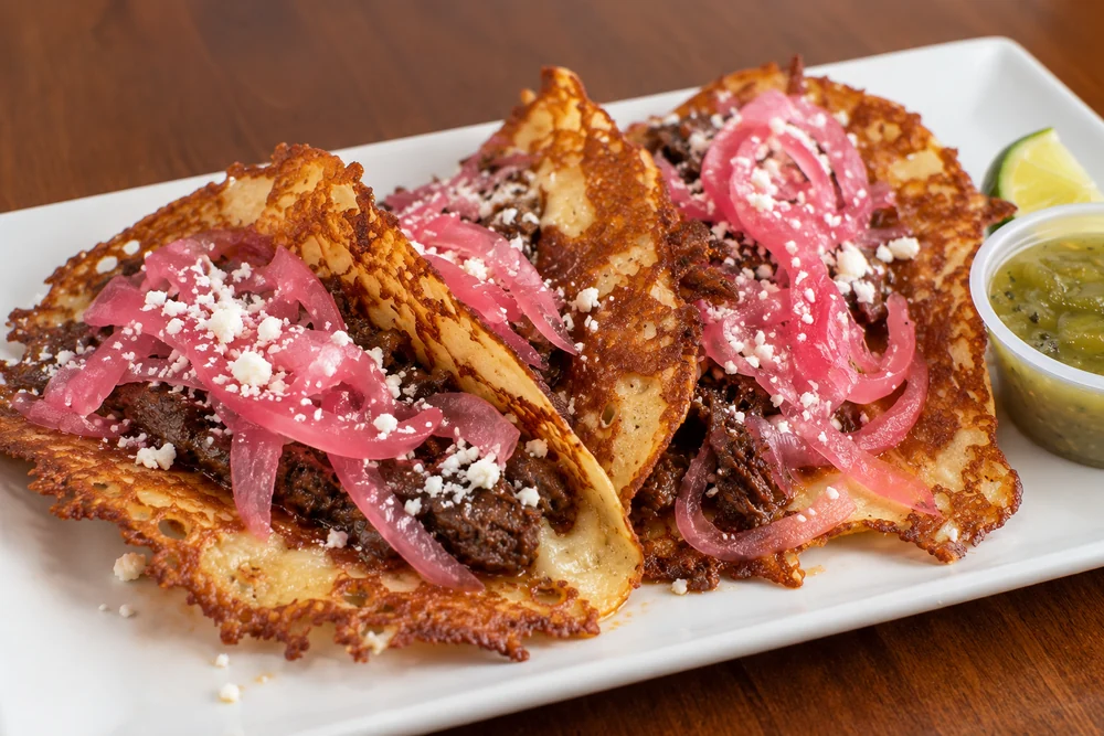 Braised beef tacos with crispy cheese crusts, pickled onions, and cotija